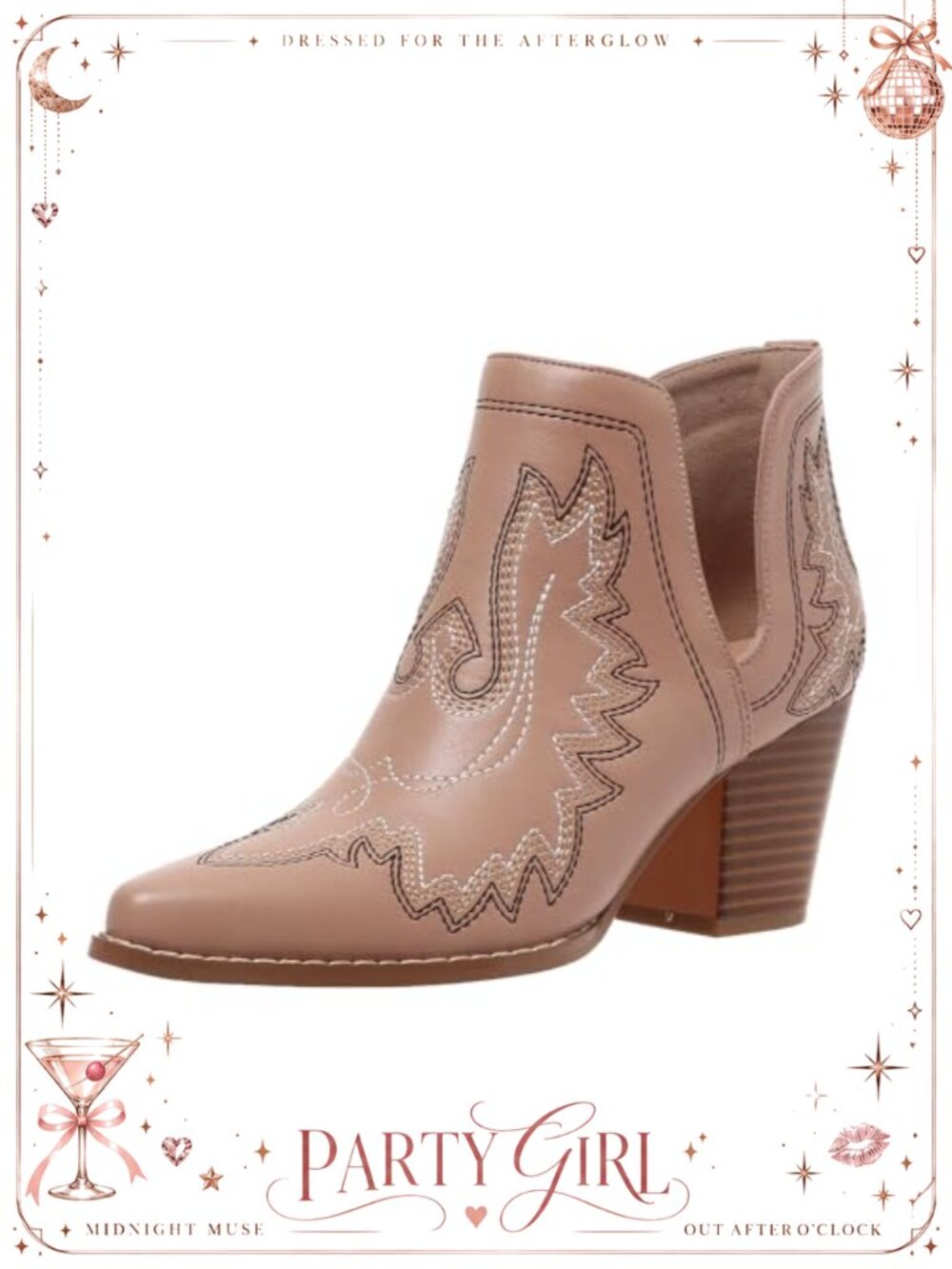 Western Cowboy Ankle Booties Pointed Toe Embroidered Cutout Chunky Heel Leather